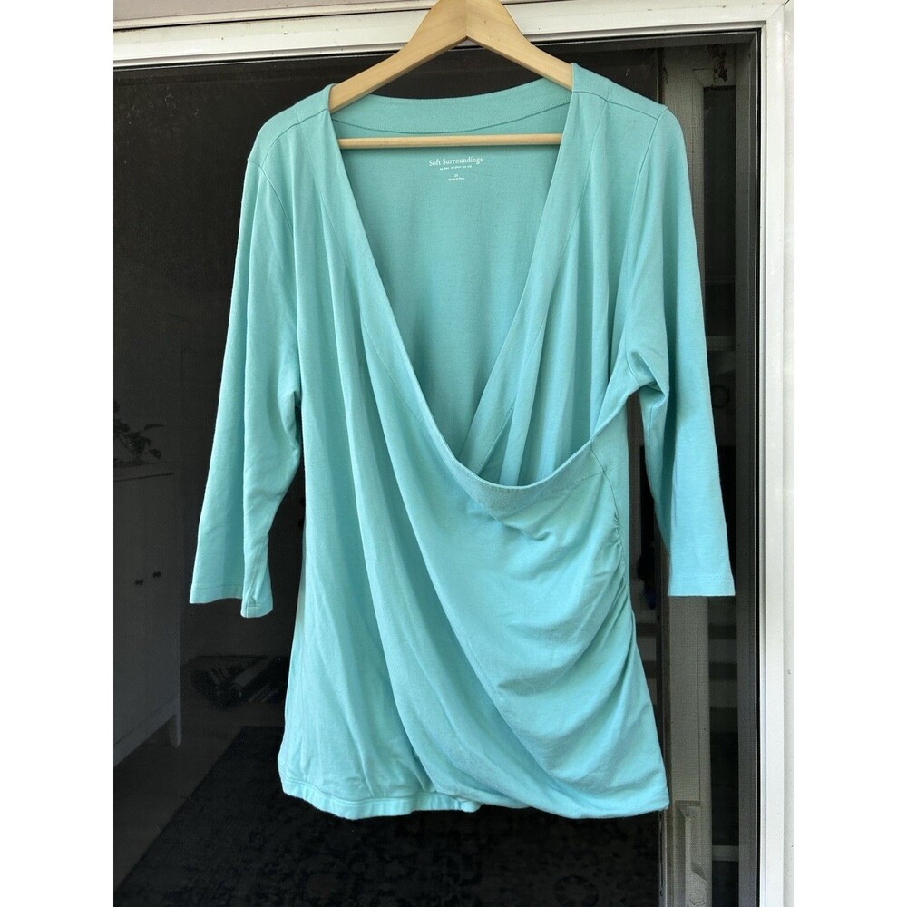 Soft Surroundings Turquoise Faux Wrap Top Size 2x Blue Ruched Modal Pima Cotton